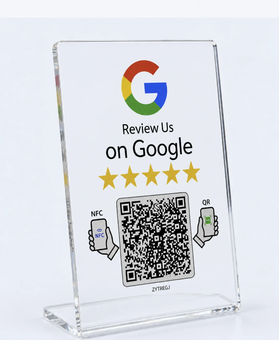 Clear acrylic Google review counter display with NFC and QR code