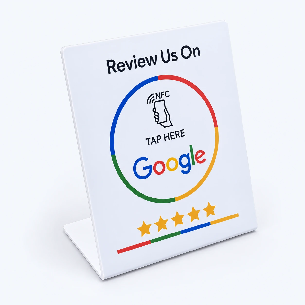 White freestanding Google review NFC tabletop sign