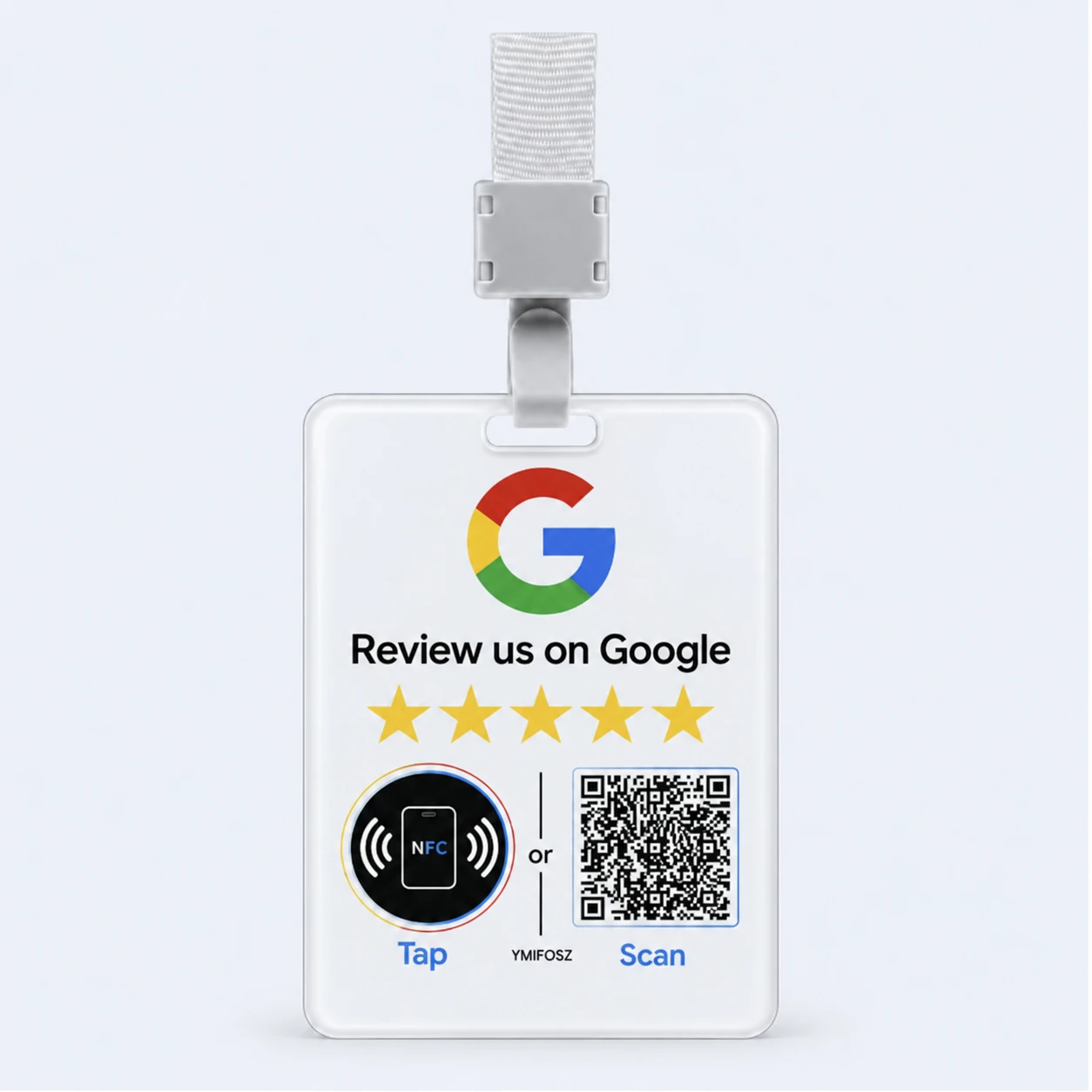 Clip-on Google review badge with NFC tap and QR scan